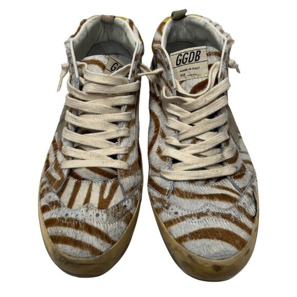 $780 Silver/Brown Golden Goose Mid-Star Pony Fur Zebra Print 8/38 - Picture 2 of 5